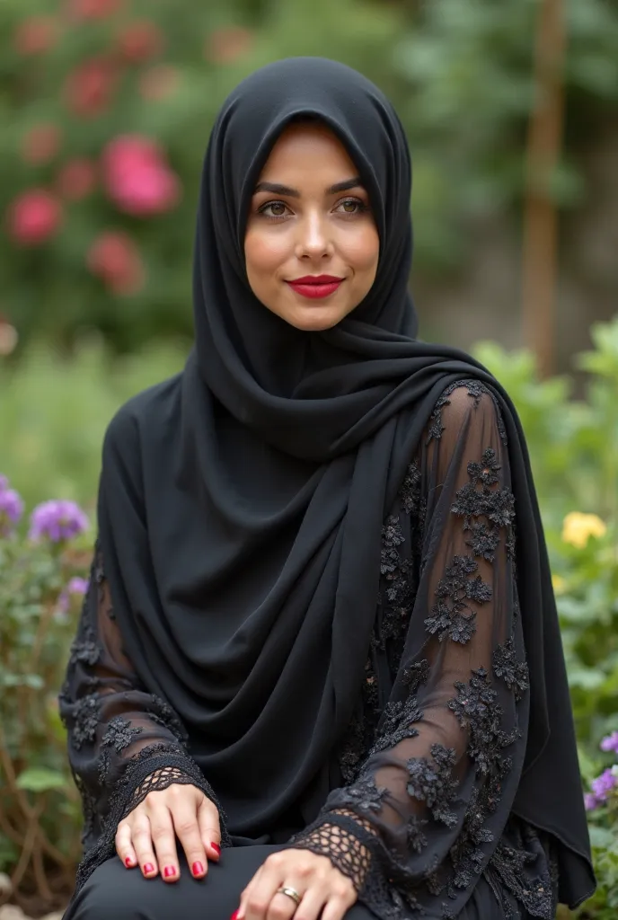 Best quality, high resolution, realistic, masterpiece, Algerian women with a full hijab , hijab is full but stilltight in her big ass showing details , big breast Hard Nipple Erection , sitting in a garden 