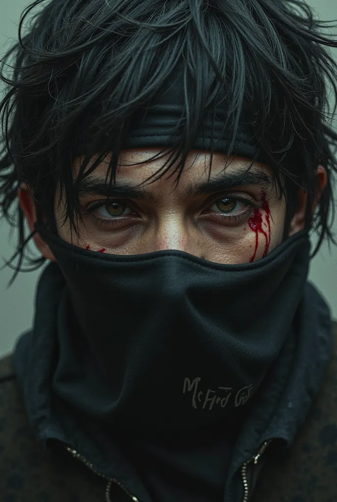 Close-up of the best masterpiece:1.5)0.9], (Terrorists:1.2) (Face bandanas:1.1)  (black hair:1.0) (blood in the eyes:1.0) (Shining light:1.1) (Logo XXXL:0.9)