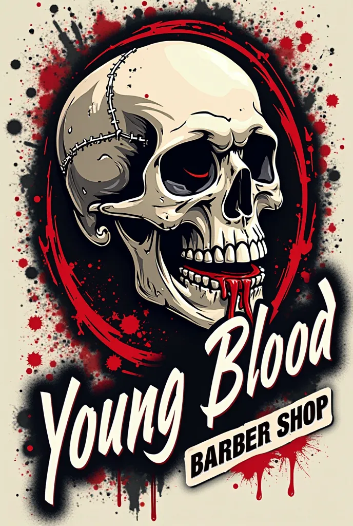 I want a barbershop logo with the name young blood BARBER SHOP, With a skull with blood a little animated with hip-hop-style lyrics, original