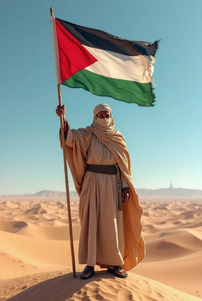 A Sahraoui from the Sahrawi Arab Republic wears the famous desert prophet and raises the flag of Western Sahara 