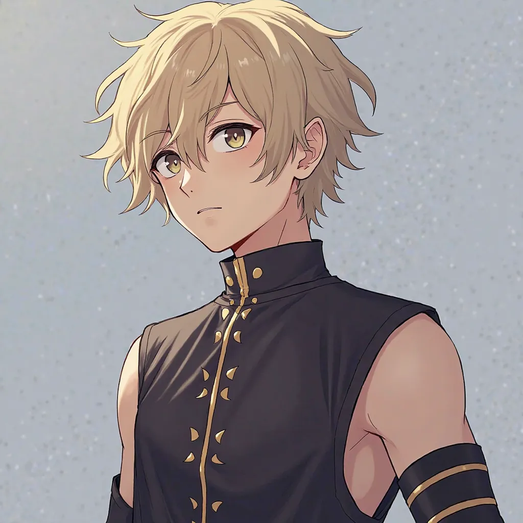 *he has short curly ash blonde hair, blond hair and his eyes were the same as the sky,I am a little muscular I have a perfect body I am very very cute and handsome he measures 1.72 with a black bandage on his right hand, he has normal demon hunter clothes*...