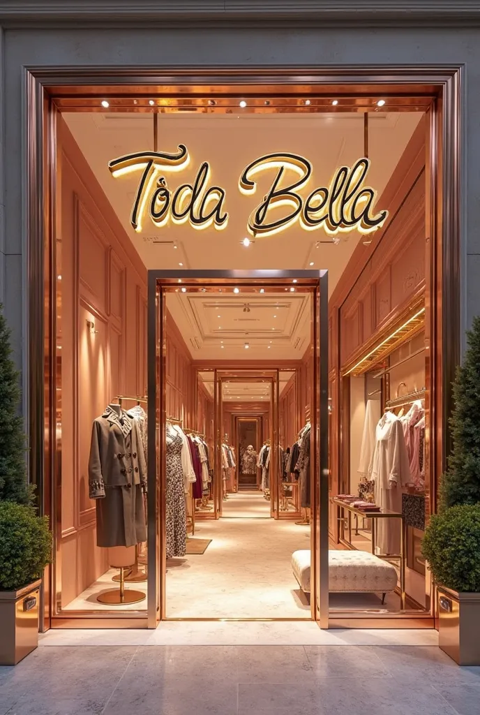 Create the front of my clothing and accessories store in rosé gold with the name Toda Bella