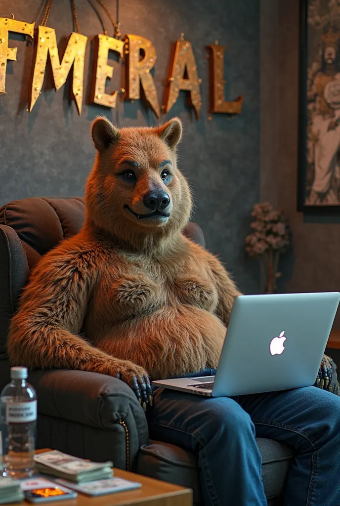 wearing an anonymous capybara mask with a big belly sits on a cool chair and a bottle of vodka and a MacBook on the table, and the Fiverr website is open on the MacBook and iPhones and packs of money next to him have cryptocurrency logos and a huge FUNERAL...