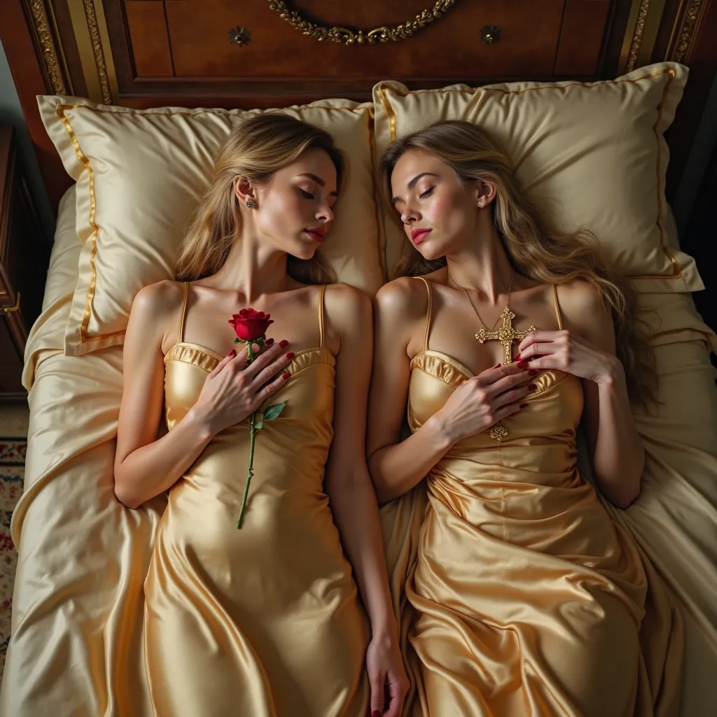 Catholic preist blessing two dead  blonde young beautiful   women eyes closed mouth closed lying satin covered beds  side by side  head on satin pillow hands folded on chest holding gold crucifix red rose barefoot  dressed in shiny satin long flowing gold ...