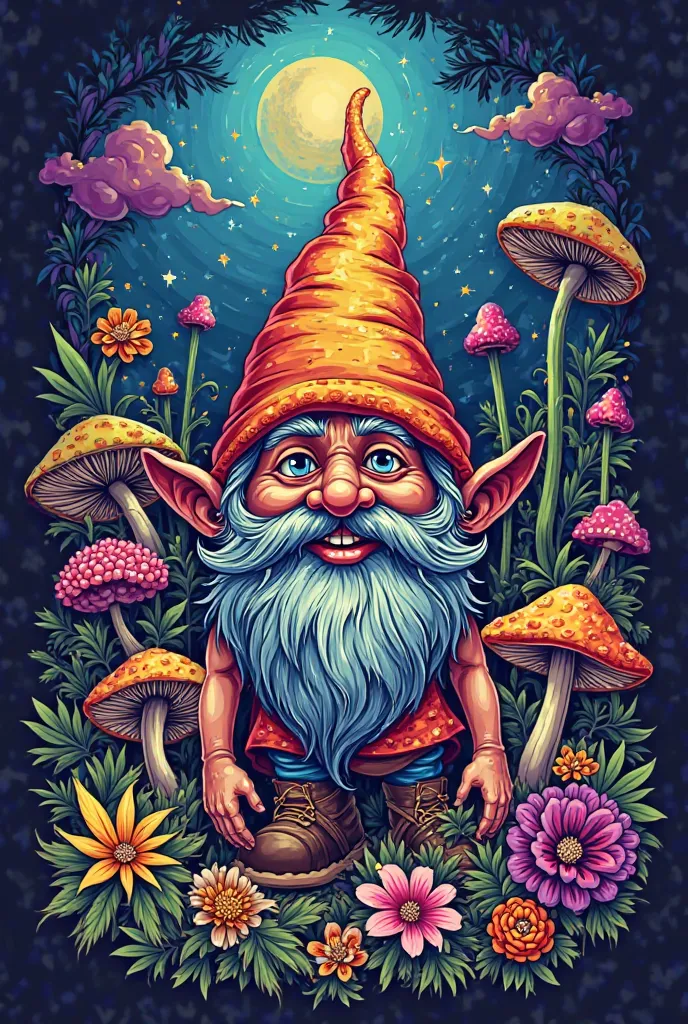 Create a tank top with psychedelic images, A gnome, Between mushrooms and marijuana flowers, Written by Partiu Rave in Portuguese 