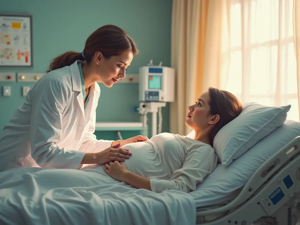 pregnant woman in hospital and doctor near her 