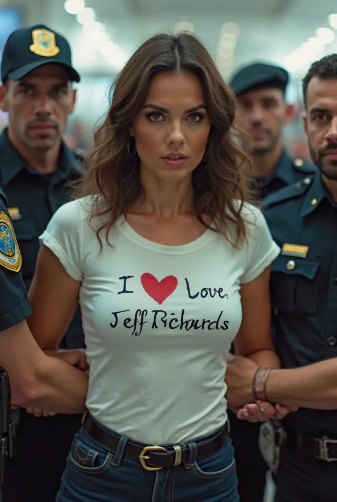 A female sexy well shaped American female aged 35 wearing a white tee shirt with I love Jeff Richards written on it with a blue jean arrested in Doha airport Qatar by the local police at the airport