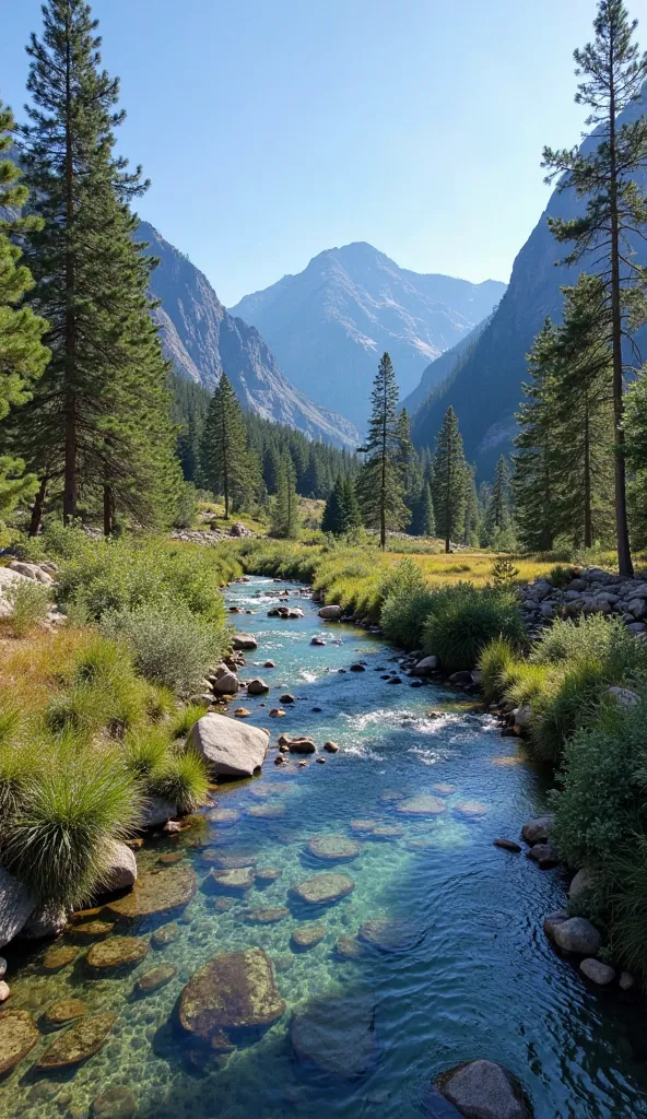 ((photo RAW), general overview you can see everything in the photo, There are no cuts of any object, crystal water arroyo: Seen from the side perspective: outside view of the stream or river, You can also see pine trees that are smaller than the mountains,...