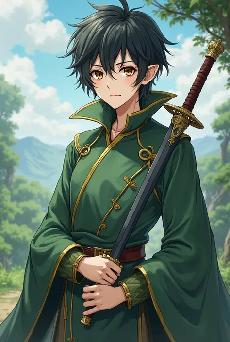 Animate a normal white prince without being an elf with black hair, short and smooth with the unique-like costume with green color, His eyes are brown, And that there are swords, Do the complete prince from multiple angles  