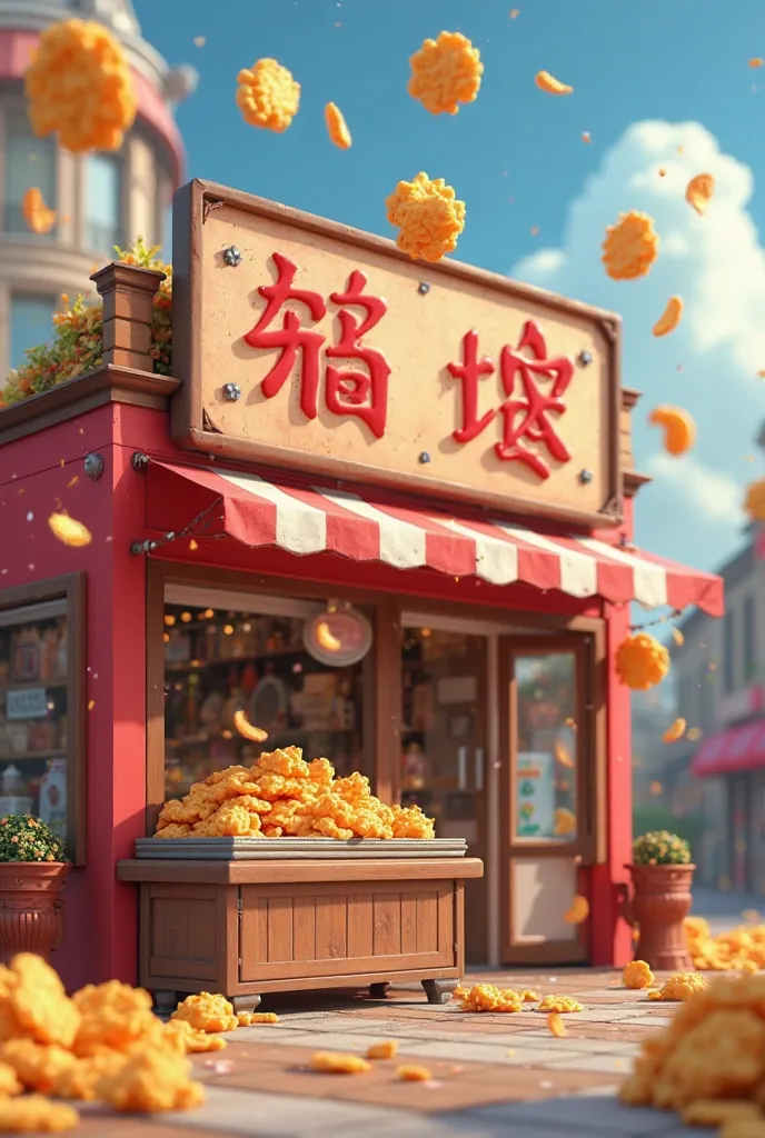 A food establishment selling pastries and chips, adorned with a large sign restricting entry so that no one can enter and with a banner at the front barring anyone from entering. money raining from the sky, into an urban setting in a Pixar-style 3D animati...