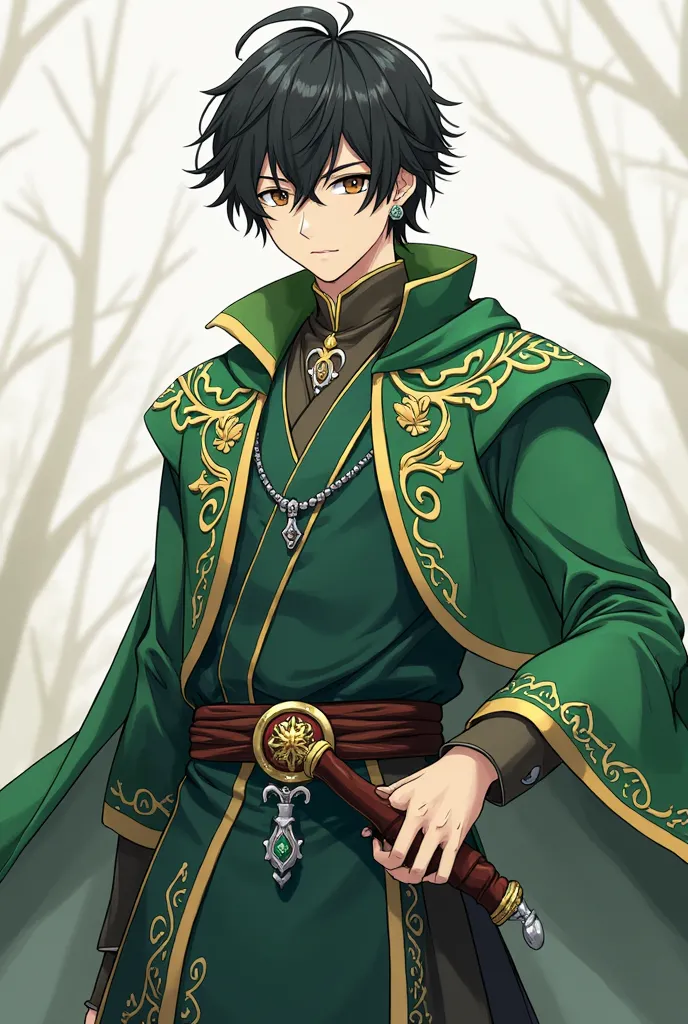 Animate a normal white prince with black hair, short and smooth with the unique-like costume with green color, His eyes are brown, And that there are swords, Do the complete prince from multiple angles  