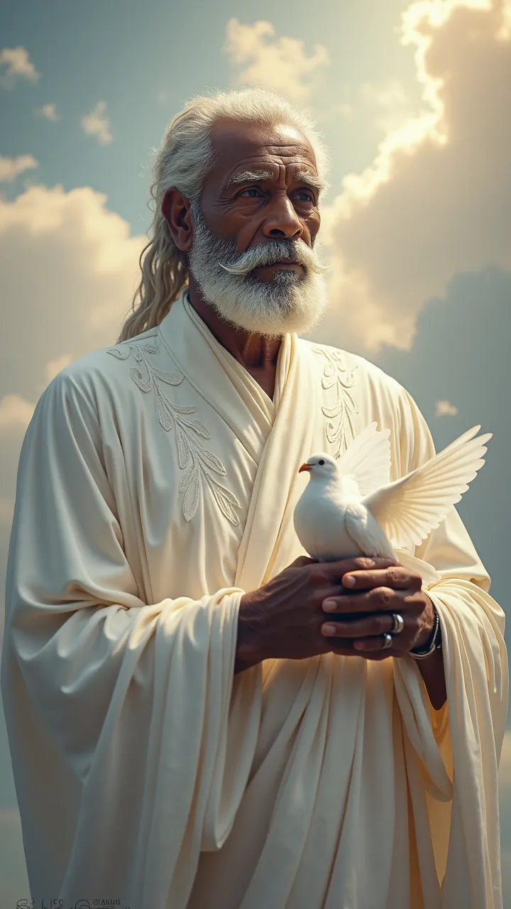 Portrait of Oxalá, a dark-skinned black elder, with a thick mustache and well-groomed white beard. Your face brings subtle wrinkles that reflect your wisdom and your face experience. He wears a sacred white costume, fluid and adorned with subtle details th...