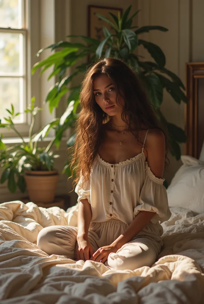 (photorealism:1.2), beautiful woman, sitting on bed, wearing loose off-shoulder top, pajama pants, long curly hair, indoors, soft lighting, plants in background, window with sunlight, cozy room, relaxed pose, realistic, intricate details, warm colors, by G...