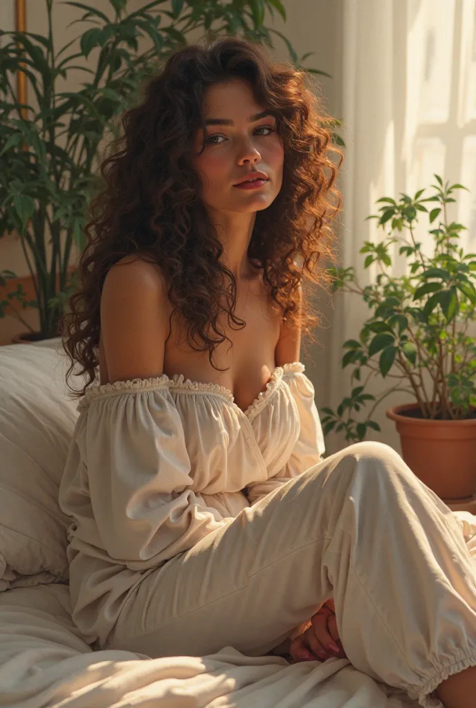 (photorealism:1.2), beautiful woman, sitting on bed, wearing loose off-shoulder top, pajama pants, long curly hair, indoors, soft lighting, plants in background, window with sunlight, cozy room, relaxed pose, realistic, intricate details, warm colors, by G...