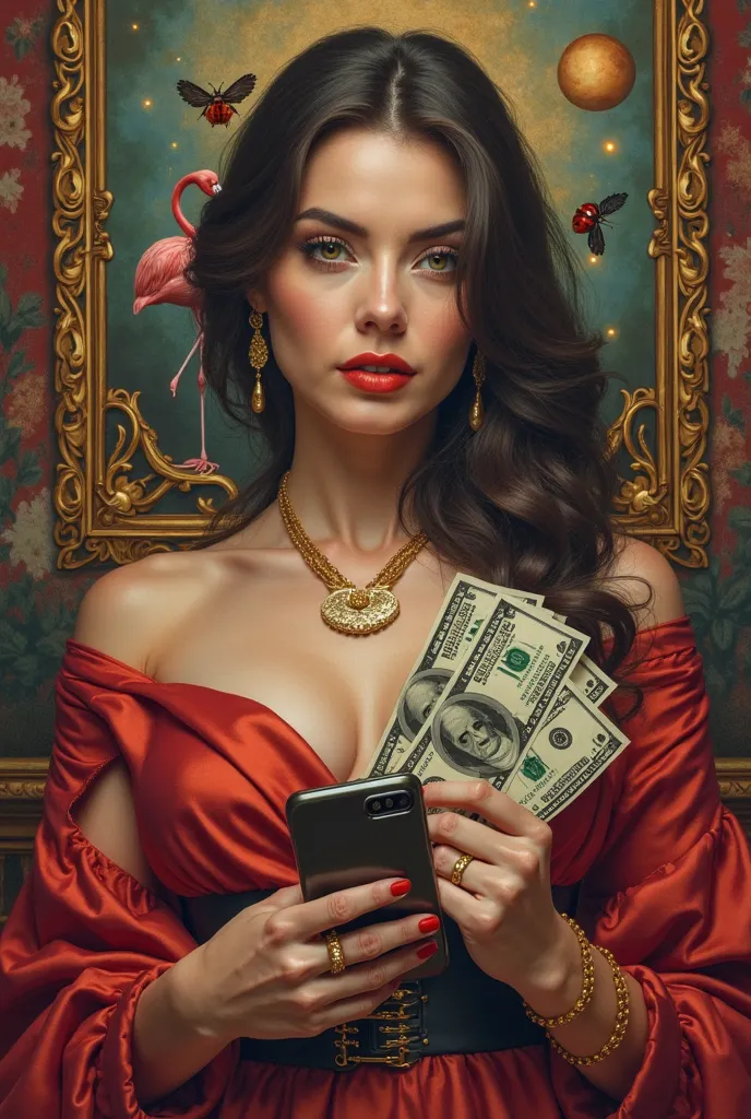 a woman holding a phone and a bunch of money in front of her, a portrait by Ke Jiusi, trending on dribble, baroque, 8k highly detailed ❤️‍🔥 🔥 💀 🤖 🚀, 8 k highly detailed ❤🔥 🔥 💀 🤖 🚀, 🦩🪐🐞👩🏻🦳, 💋 💄 👠 👗