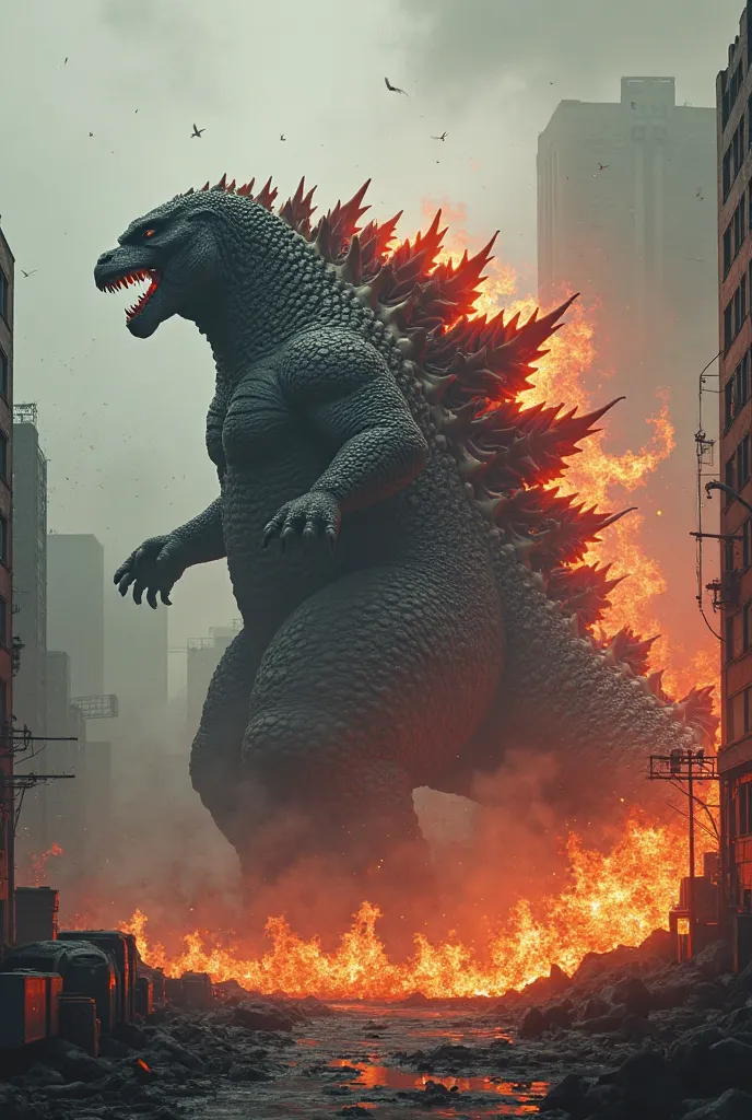 GODZILLA, giant monster, Imposing figure, penetrating eyes, powerful scales, huge destructive tail, breath of devastating fire, destroyed urban environment, gloomy tones, apocalyptic atmosphere, horror style , concept art, 3D rendering, masterpiece, render...