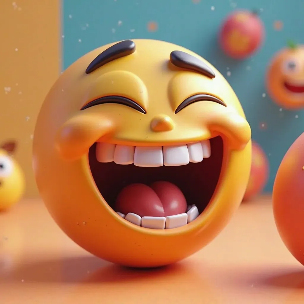 A 3D emoji laughing intensely, with squinted eyes and an open mouth showing teeth, in a vibrant and eye-catching style. Colorful and dynamic background, bright lighting, and realistic details.