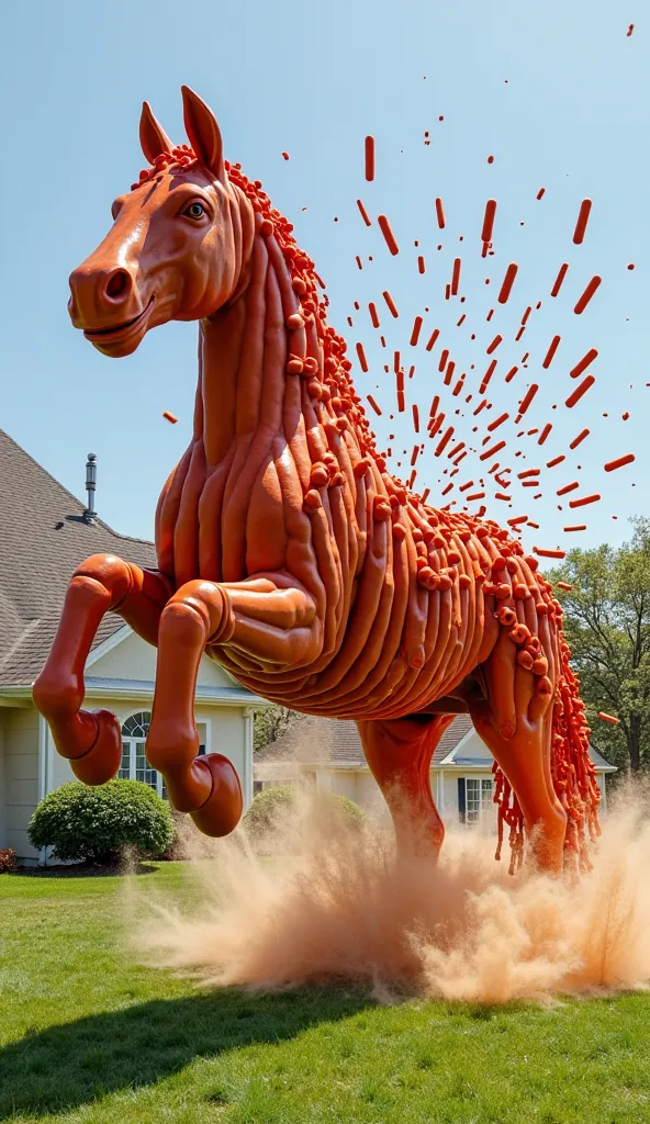 A large-scale, whimsical sculpture of a horse, composed entirely of hot dogs. The horse is mid-leap, with legs extended in a dynamic pose. Hot dogs are bursting outwards from the horse's body, creating a powerful, radiating effect. The hot dogs are uniform...