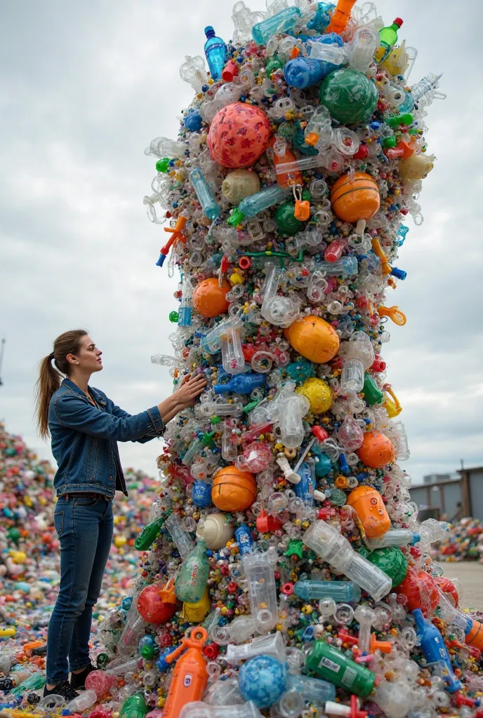 37-year-old female artist creating a giant sculpture of plastic things