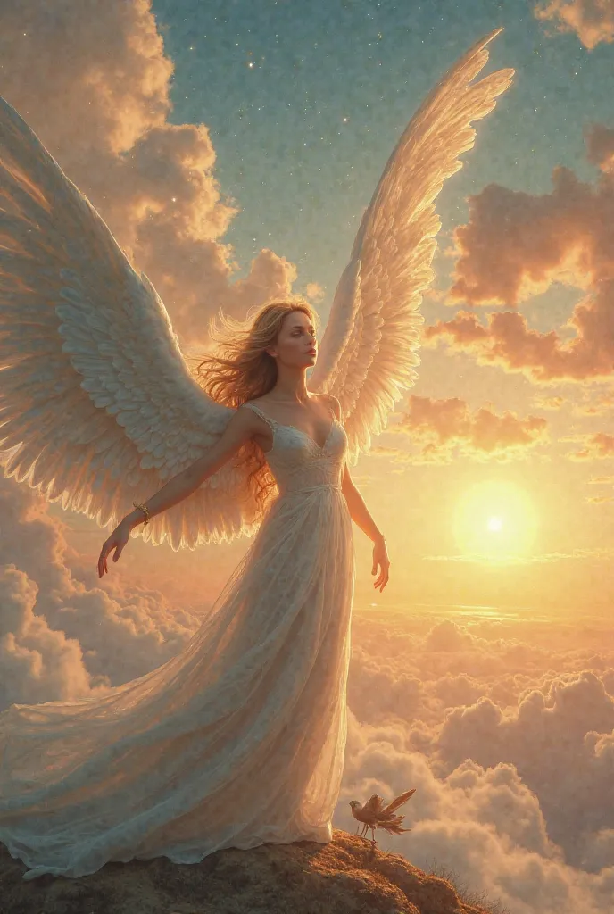 The Angel of the Angelic Watchtower,angel,divine face,serene expression backgrounds,outstretched wings,create,governing,terrestrial creatures, elements ,dreams,Lights, heavenly landscape , Starry Sky, soft clouds ,warm light,soft lighting,oil painting, hyp...