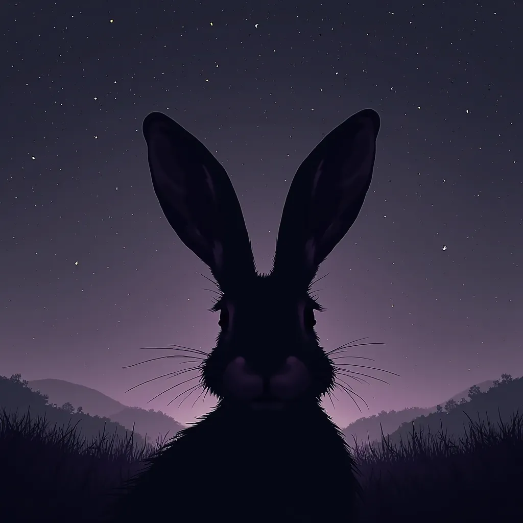 silhouette of a hare's head in the starry sky in purple tones