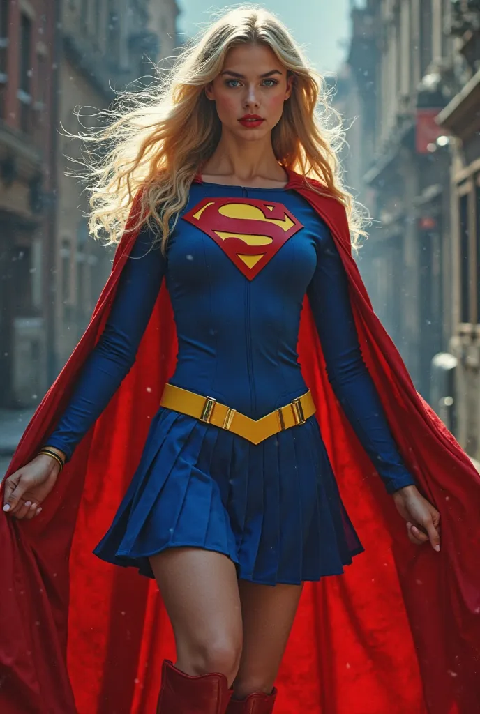 A sexy, busty 18-year-old girl with blond hair is wearing a NICLEY,  Sexy, busty age woman with dazzling blue sapphire eyes , teeth、spandex 1984 blue supergirl costume with a、long lead pleated skirt and a yellow supergirl belt,   。wearing a high school gir...