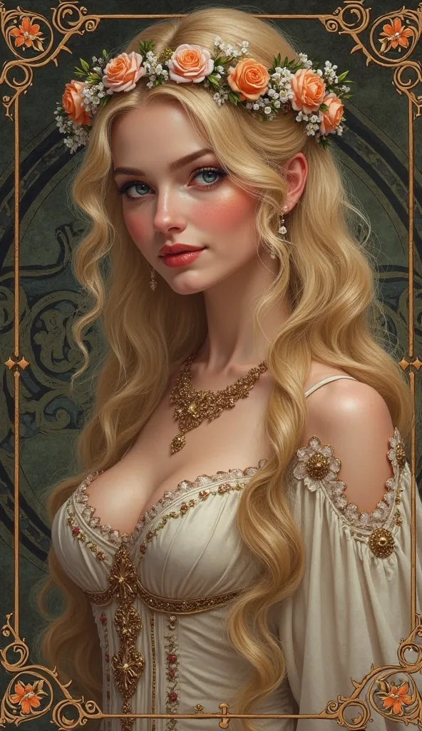 Femme blonde médievale séductrice maîtresse du Roi avec une couronne de fleurs style illustration de boite de jeu cluedo 