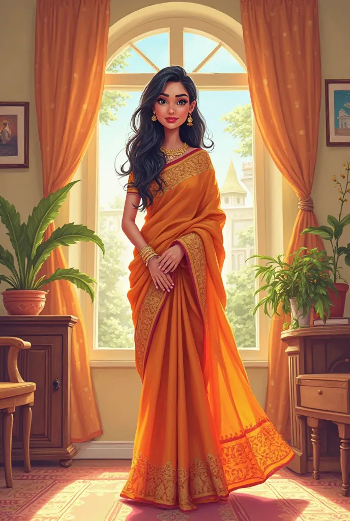 1 women saree pahne hue ghar mein cartoon style 