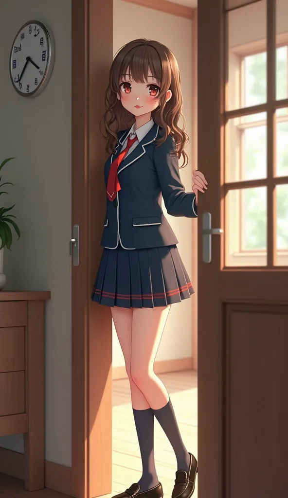 ( high resolution )、 ( 8k )、 ( very detailed)、 ( top quality )、 (a beautiful girl:1.2 ) 、 ( photo-realistic : 1.5)) , ((beautiful Japanese high school girl in perfect high school uniform peeking into the room from the other side of the half-open wooden doo...