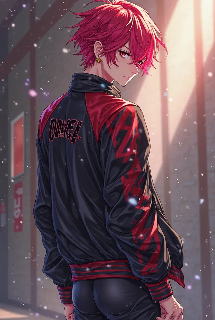 An anime picture shows a handsome, tall age boy with dark red, bright red and pink hair. He has a slim body that reflects his fitness, thin hands, his locks cover one of his eyes. The color of his eyes is dark pink. He wears black, white and red latex pant...