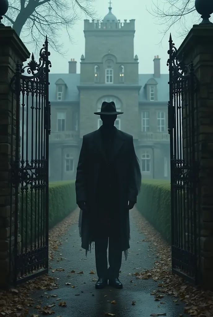 Phantom shadow of a person dressed in the style of the 1950s at the entrance of a gate of a grand mansion 