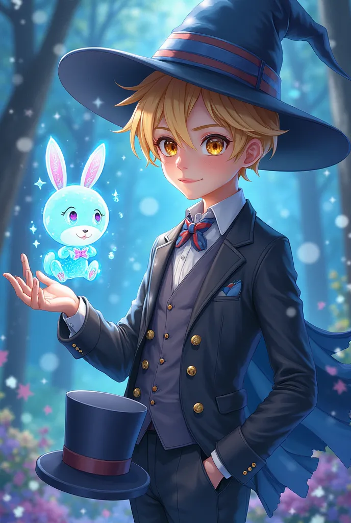 Boy, wizard in suit, anime, beautiful, blue spectrum rabbit, small top hat in hand, blond hair, one yellow eye and one light brown,