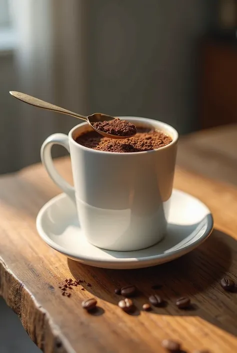 On a coffee cup table, we take a spoonful of ground coffee from the cup with an empty space inside the cup to put some text.