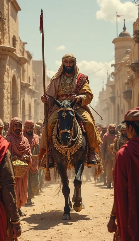 "A bustling marketplace in an ancient Middle Eastern city. Poor villagers and merchants look up in awe and envy as Qarun parades through the streets on a richly decorated horse, his servants carrying baskets of gold behind him."
