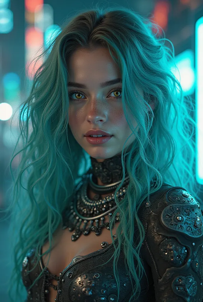 Girl with very long wavy turquoise hair ,  golden eyes , smiling ,cyberpunk clothing 