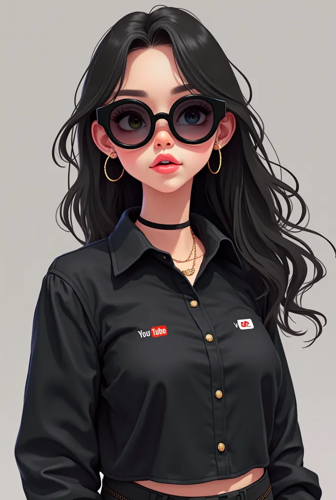 Roblox girl with black hair lenses black short shirt and logos from YouTube and TikTok