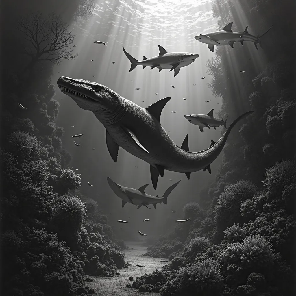 Picture an ichthyosaur, in black and white, swimming among ancient sharks. They may be surrounded by corals and small fish.