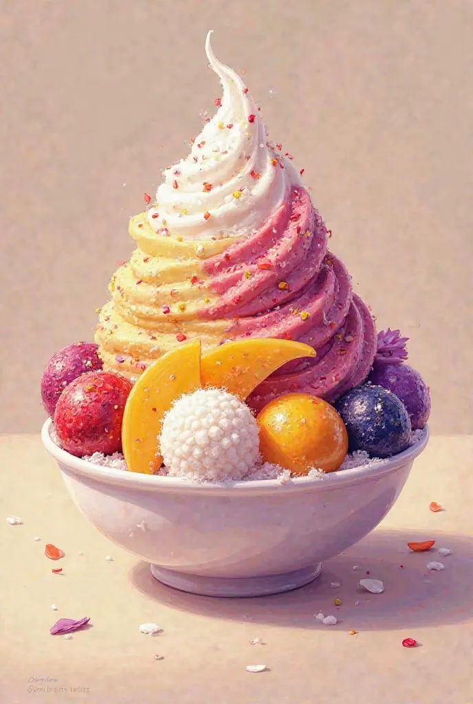 a bowl of milk bingsu with a toppings of ube  ,macapuno balls, sweet coconut strip, sliced mango, lecheflan, make it as cartponized and please dont change the look of toppings  