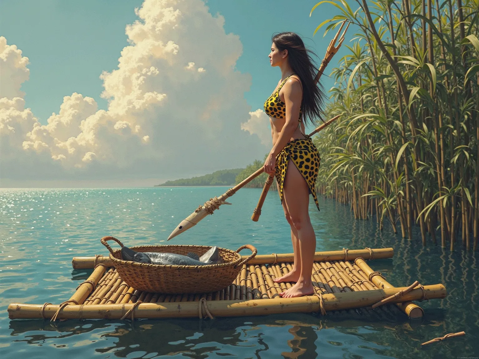 hera-Paleolithic environment, no sea.
(long thin and long bamboos: 1.2) (bamboos are tied with vines in an organized way: 1.2) (forming a rectangular bamboo raft: 1.5) (perfectly flat) (is floating on the water, forming small waves: 1.1).
(Is there a baske...