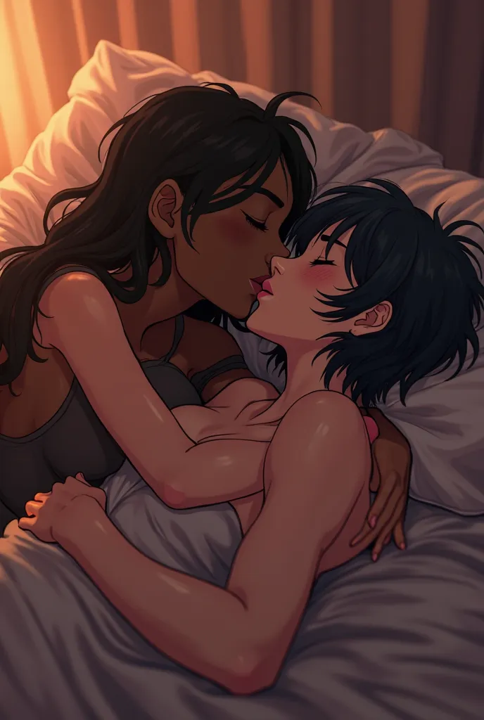 pareja de anime besándose en la cama mientras tiene sexo con un  black man, anime couple kissing in bed,  black man, 8K, erotic portrait , artistic photograph, studio lighting, rendered physically based, warm tones, contrasting color palette, extreme detai...