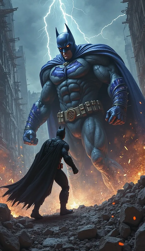 batman, in his dark and imposing suit, facing Darkseid, the powerful Dark Lord, in an epic and destroyed setting. batman está em uma posição de vantagem, 's body using his intelligence and gadgets to overcome the enemy, while Darkseid, with his gigantic bo...