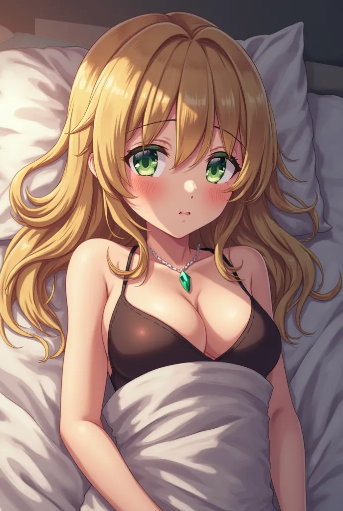 Anime waifu, sexy, wearing a bra and some yoga pants. Shes blonde with brunette highlights and she has a green emerald at the centre of her chest. Close up image. shes laying in bed in her room. With a confused face.