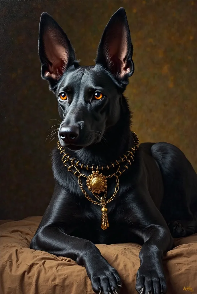 Beautiful oil portrait of a black dog Anubis, with very long pointed ears, lying in a baroque style, looking at the camera, resembles the god Anubis, The background is dark,super realistic anubis woman fantasy art egyptian mythology goddess of the afterlif...