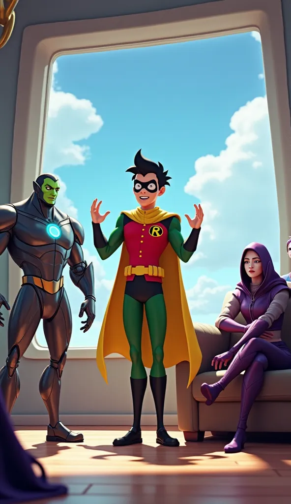 A highly detailed 3D-style scene set inside the Titans Tower’s living room. Robin stands at the center, animatedly gesturing with both hands as he passionately explains the upcoming event. He wears his iconic red and green suit with a yellow cape flowing b...