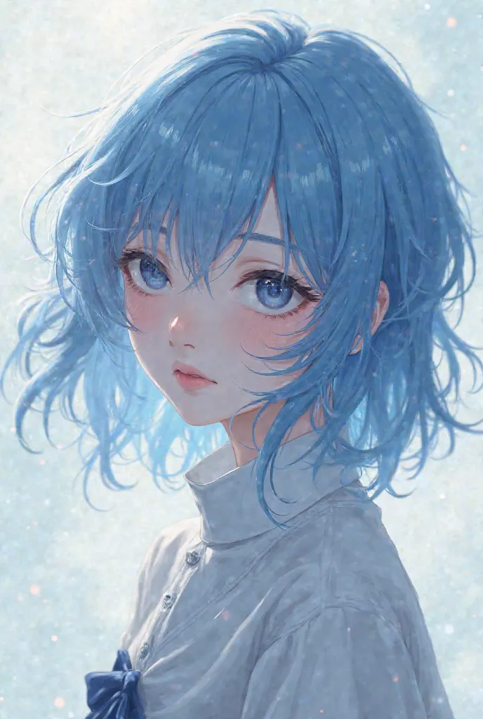 Image of a blue-haired anime character, wavy, wearing a high collar shirt