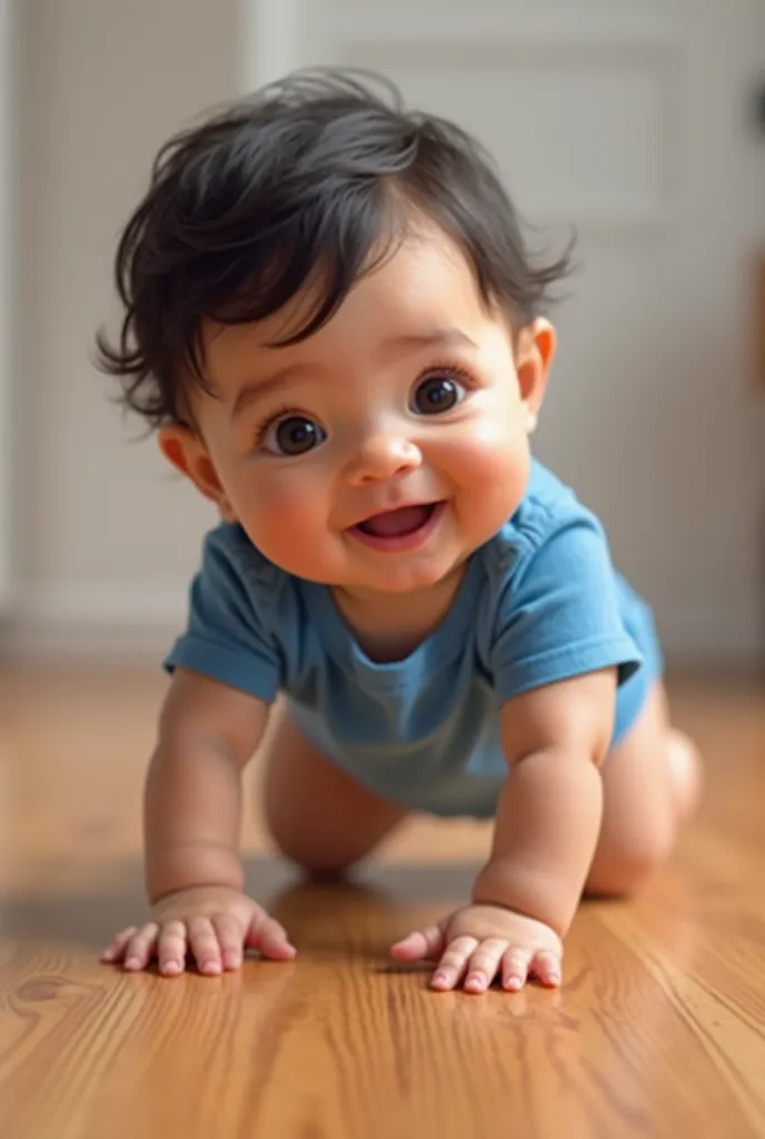 Create a photorealistic model of a one-year-old American baby with dark hair, wearing a blue onesie. Simulate the baby crawling with coordinated movements of arms and legs, displaying natural speed and strength typical for a one-year-old. Show the baby smi...