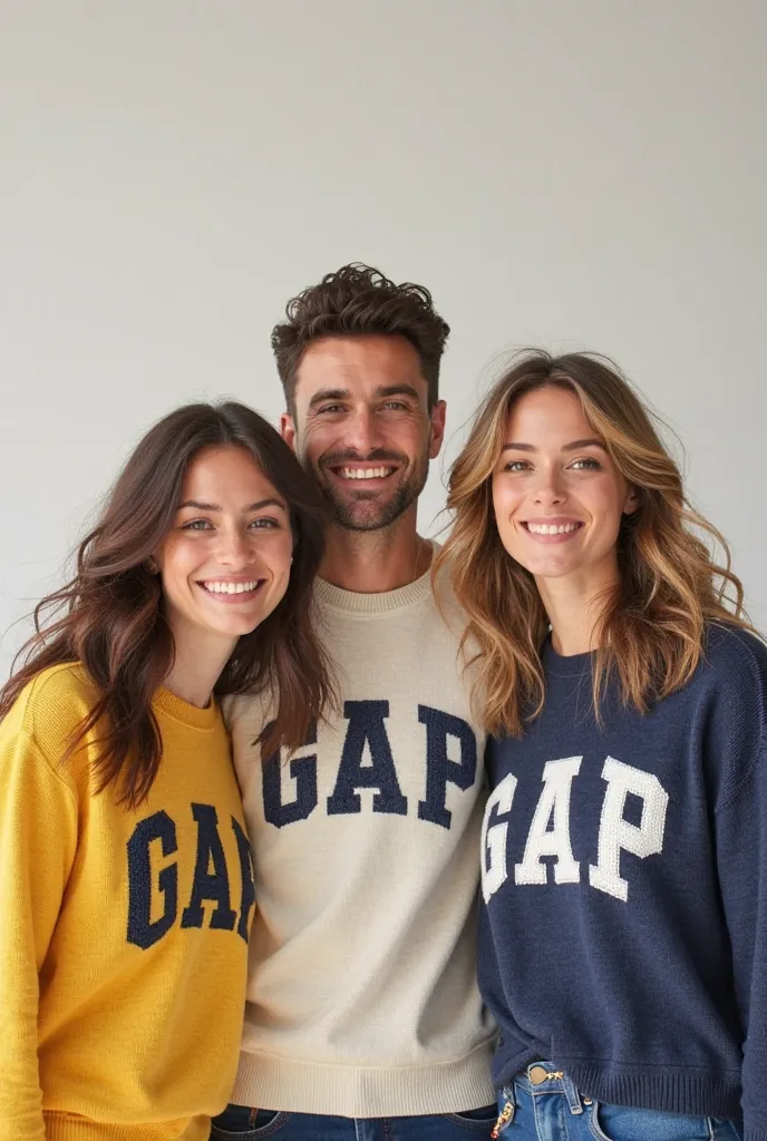 A photo for a gap, In this one, three models must appear, two women, one man, and they must wear sweaters that say gap to make the photo look fun but professional 