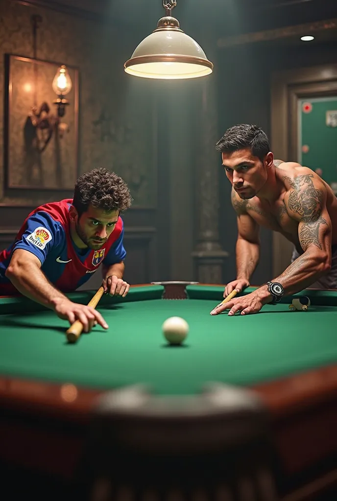 Lionel Messi playing pool with Cristiano Ronaldo 