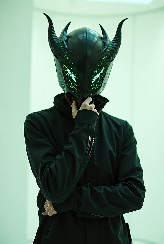 20-year-old young person wearing a black demon helmet , That covers the entire face with jade green lights , with hand on shoulder and looking straight ahead in a white room,