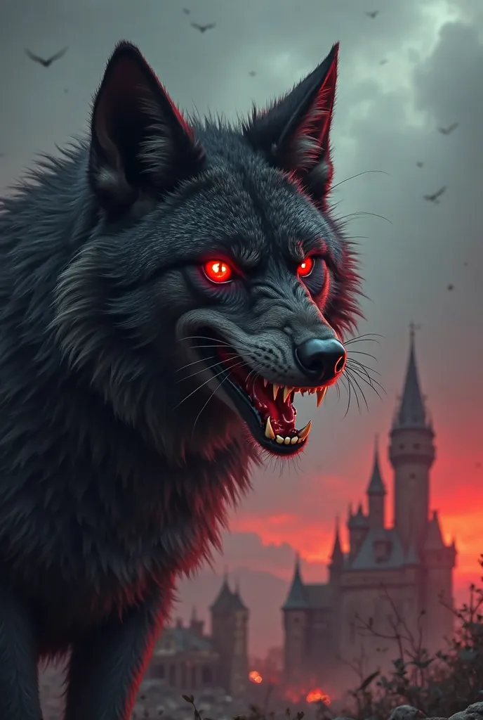 une beau loup angry au yeux rouge, Has black and blood red fur. Tooth firm on the background of a castle destroyed after its passage. create the happy banner and emoji sub formats, angry, devil, laugh, Sad and naughty